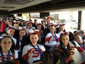 Sachem East varsity cheerleading on the way to the competition.