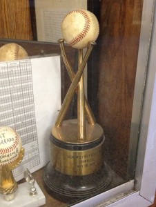 The game ball from John Russ' no-hitter is in the trophy case at Sachem North.