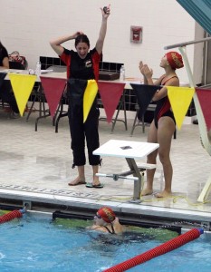 Jessica Freund reacts to her record-setting swim. / Credit Bob Sorensen