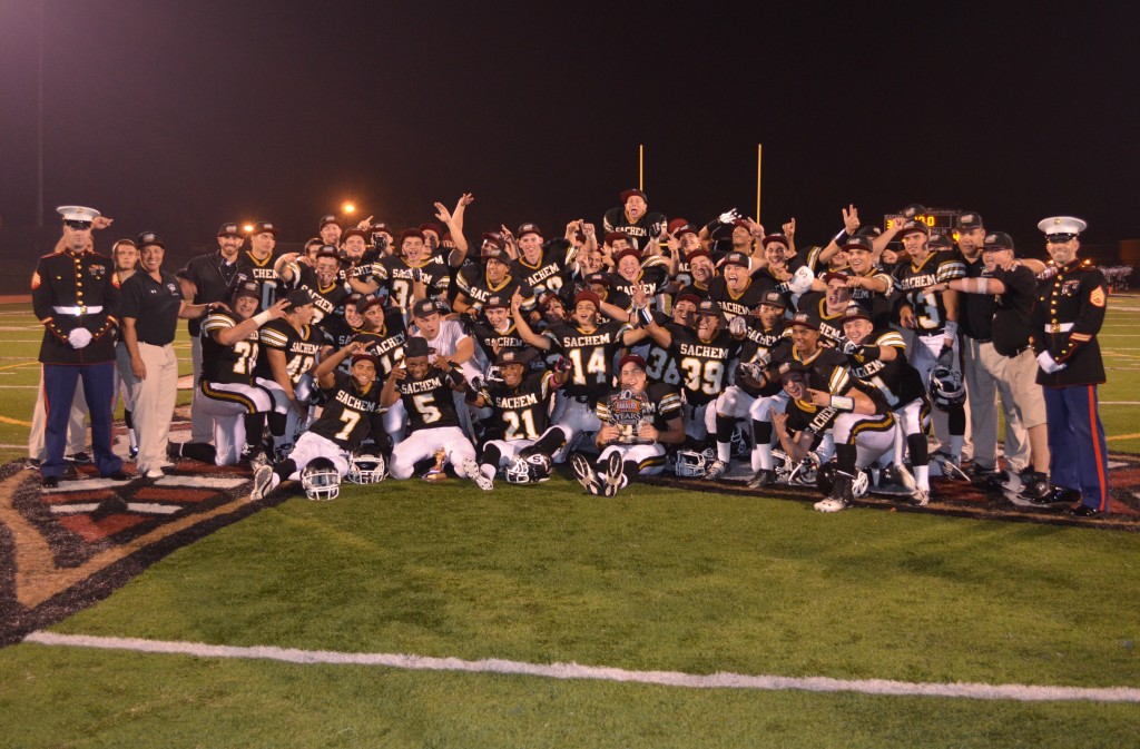 Sachem North celebrates its Great American Rivalry Series win.