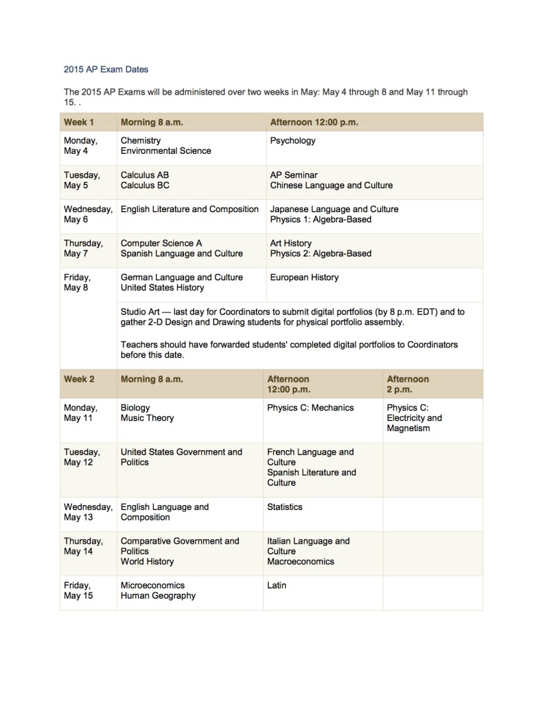 2015 AP Exam Dates