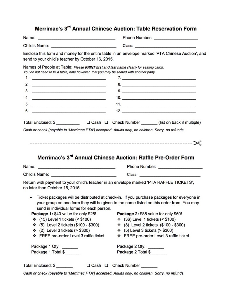 Chinese Auction Table Reservation and Raffle Pre-Order Form -  2015
