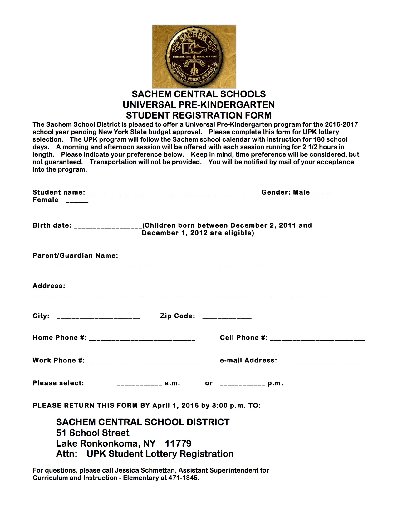 Universal Pre K Application 20162017 Sachem Report