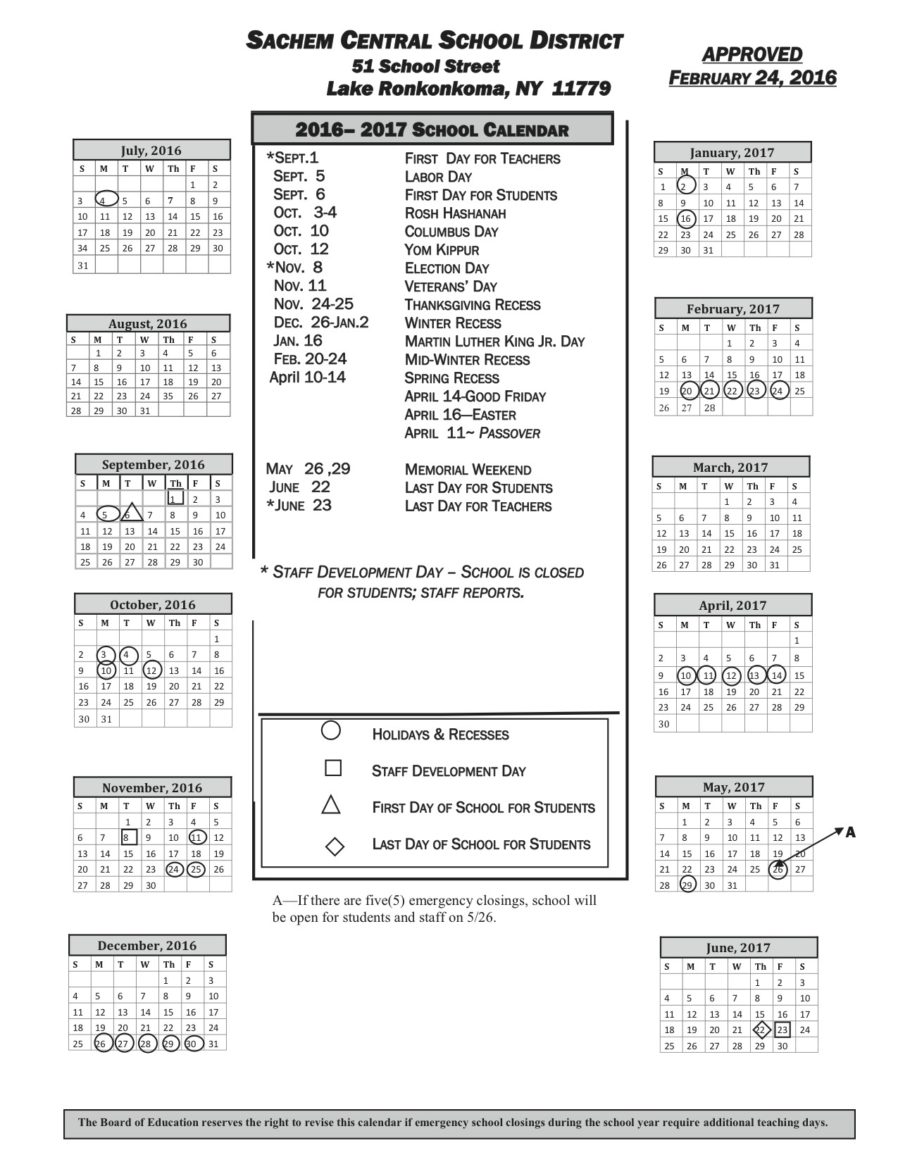 Board approves 20162017 Sachem calendar Sachem Report