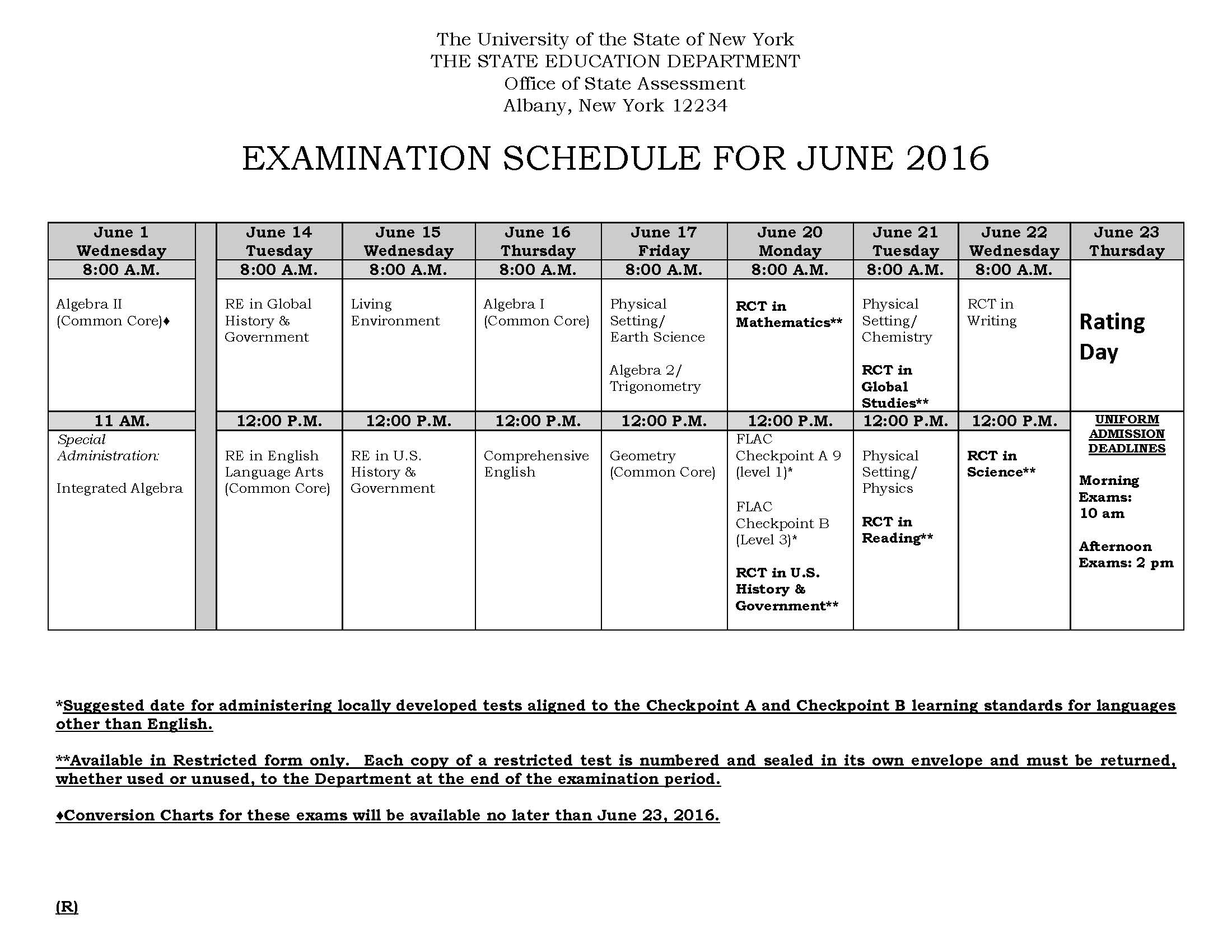 2016 NYS Regents Exam Schedule Sachem Report